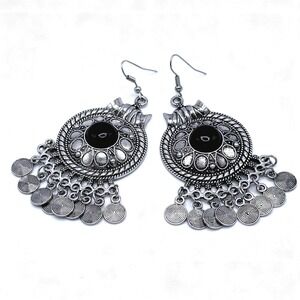 Silver Tone Black Stone Dangle Earrings Gypsy Boho Tribal Chandelier Southwest